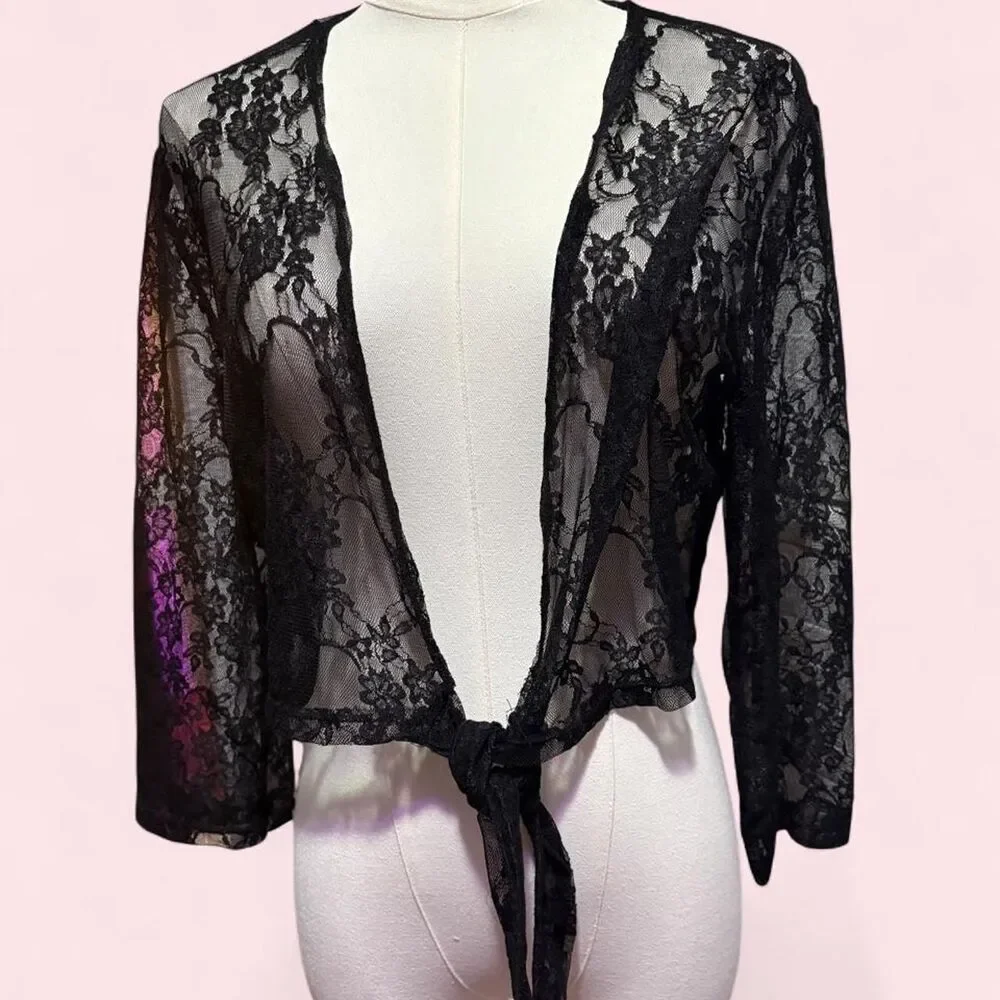 Ellen Parker Black Floral Lace Tie-Front Cardigan